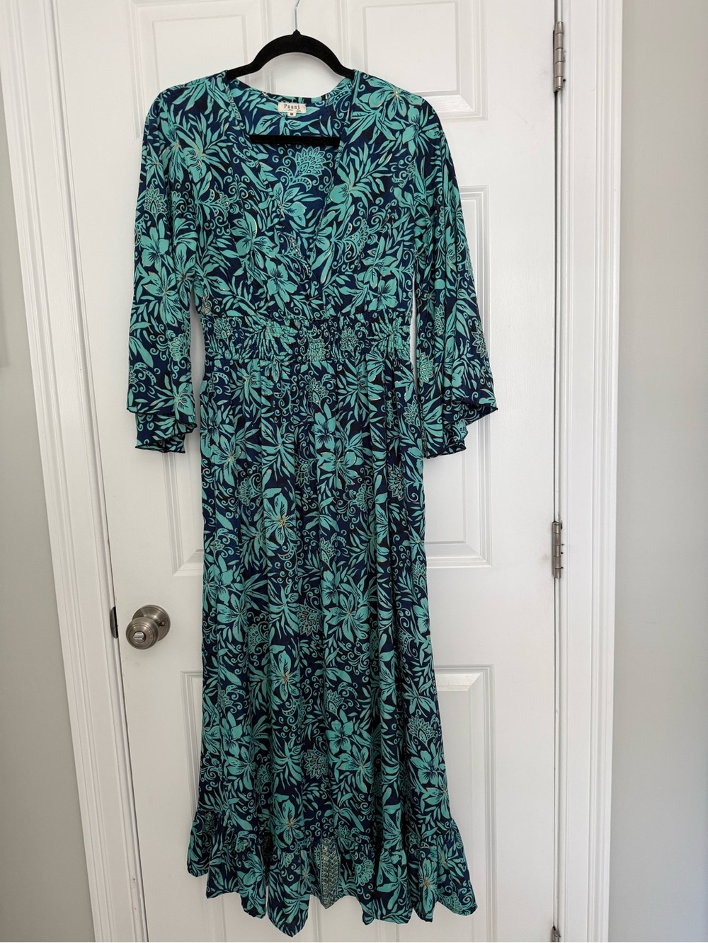 Floral V-Neck Maxi Dress in Teal and Navy with Gold Accents